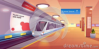 Train in metro station, empty subway platform Vector Illustration