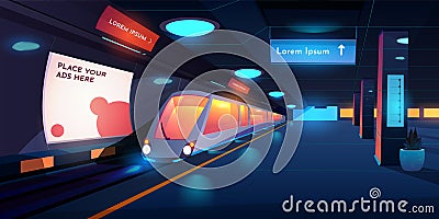 Train in metro station at night time, platform Vector Illustration