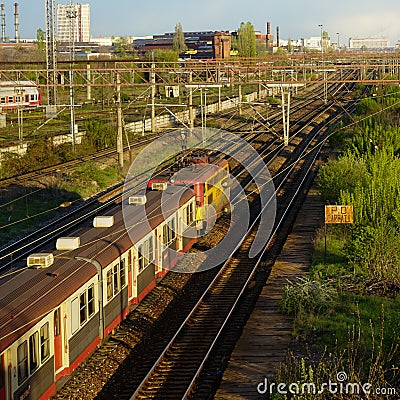 Rails and train in Carpati station, Bucharest, CFR Stock Photo