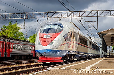 Train peregrine falcon high-speed train peregrine falcon Russian railway. Russia Leningrad region Lyuban May 26, 2019 Editorial Stock Photo