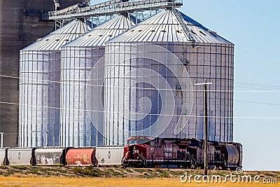 Train picking up grain. Charmangay, Alberta, Canada Editorial Stock Photo