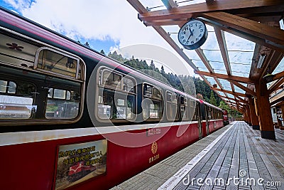 Train at platfrom of Alishan forest railway station Editorial Stock Photo