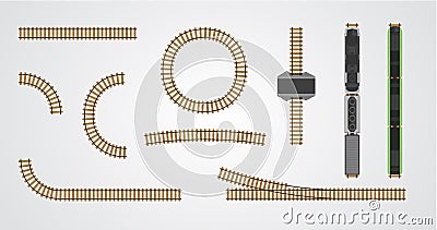 Train railroad and railway tracks set for construction isolated on white background. Connectable elements. City constructor. view Vector Illustration