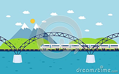 Train on railway bridge. Forest and lake on Vector Illustration