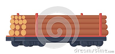 Train railway car for transportation container with raw wood. Rail freight. Forestry industry. Vector flatillustration. Vector Illustration