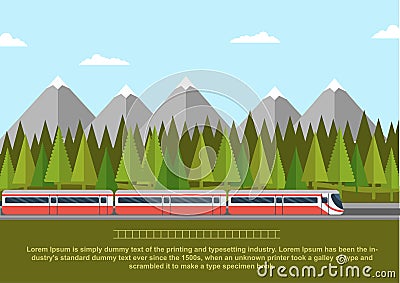 Train on railway with forest of conifers and mountains. Flat style vector illustration Vector Illustration