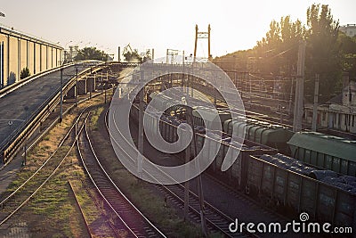 A train on the railway, sunset Stock Photo