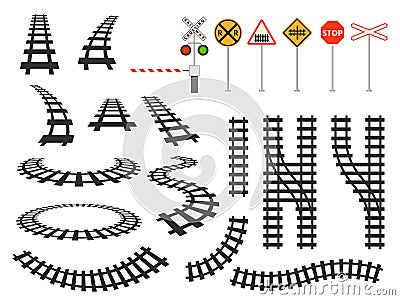 Train railway tracks curved silhouette, barrier and road signs. Railroad perspective and top map view. Tram winding roads element Vector Illustration