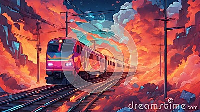 train on the railway train driving through fire and ice, sinister holographic astral cosmic Stock Photo