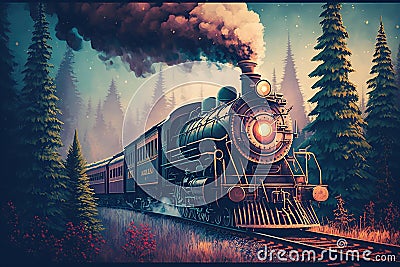 train rides in a forest area, vintage, retro style,Generative AI Stock Photo