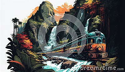 Train rides in tropical jungle near waterfall, watercolor or digital illustration. Generative AI Cartoon Illustration