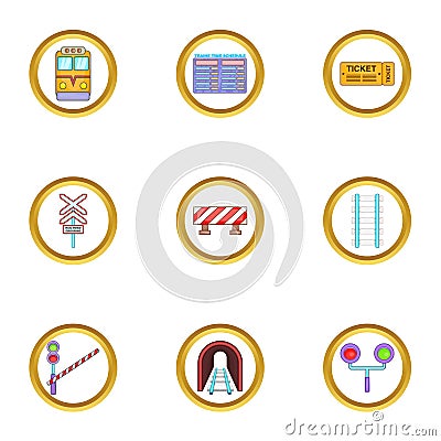 Train road icons set, cartoon style Vector Illustration