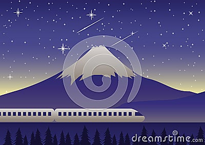 train run past Mount Fuji at night scene famous landmark of Japan Vector Illustration