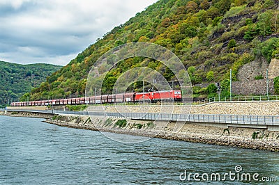 Train running along the Rhine Editorial Stock Photo