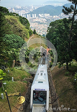 A train running on track to Penang hill in Malaysia Editorial Stock Photo