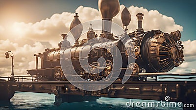 train in the sea steampunk train that travels through the sky and the sea on a floating and submersible railway. Stock Photo