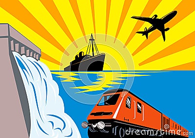 Train with ship, plane and dam Cartoon Illustration