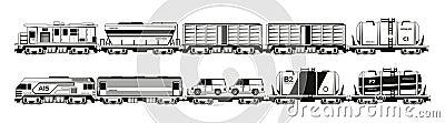 Train silhouettes. Black passenger and freight locomotives, railway transport vehicles with different containers and Vector Illustration