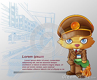 Train staff cat is carrying green whistle in cartoon style and sketched platform background. Vector Illustration