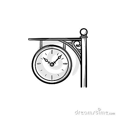 Train station clock hand drawn outline doodle icon. Vector Illustration