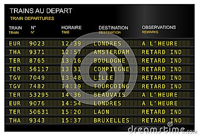 Train station departure board. France, French Paris, gare du nord Stock Photo