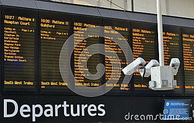 Train station departures board CCTV Editorial Stock Photo