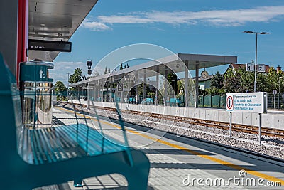 Train station Domzale, Slovenia, after renovation. Railway track change and creation of new railway platforms was at stake here in Editorial Stock Photo