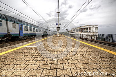 Train station of Genova Nervi sea with train. Editorial Stock Photo