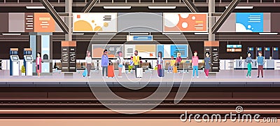 Train Station With People Waiting On Platform Holding Baggage Transport And Transportation Concept Horizontal Banner Vector Illustration