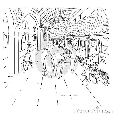 A train, the station and the rain Cartoon Illustration