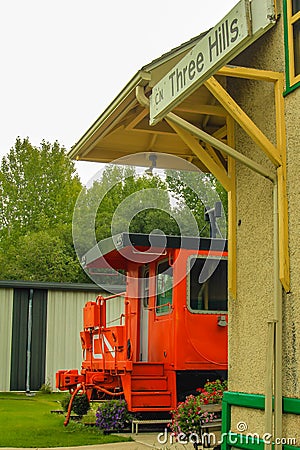 Train station and rolling stock. three Hills,Alberta,Canada Editorial Stock Photo