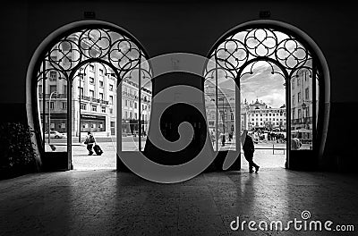 Train station Rossio. Old city of Lisbon. Portugal. black and white Stock Photo