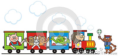 Train with three wagons with animals, pig, cats, frog, leo, dispatcher, vector design Vector Illustration