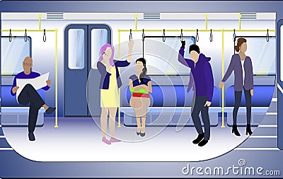 Train subway metro inside, passenger Vector Illustration