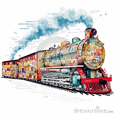 Train of Thought: A Whimsical Illustration of a Train Made of Words Cartoon Illustration