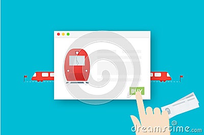 Train Tickets Online. Conceptual Flat Vector Illustration. Abstract Hand Over Web Browser Vector Illustration