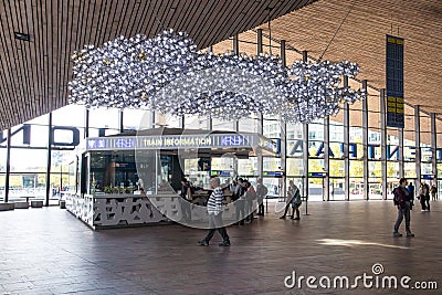 Train tourist information stand inside large modern railway station Editorial Stock Photo