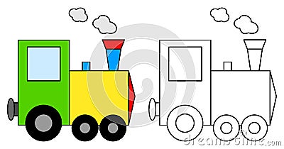 Train toy colorful and black and white. Coloring book page for children. Locomotive colored and outline vector illustration Vector Illustration