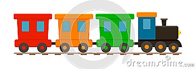 Train toy. Locomotive for kid. Cartoon engine, wagon, wheels and railway for child. Train isolated on white background. Cute icon Vector Illustration