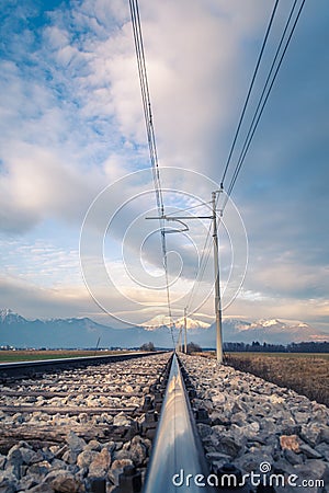 Train track in endless straight line Stock Photo