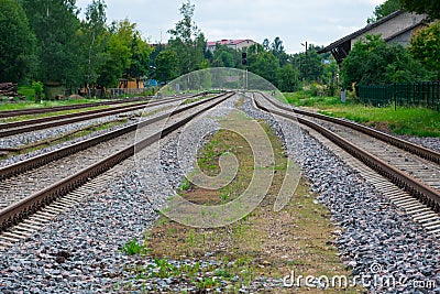 Train tracks at Cesis Railway Station Stock Photo