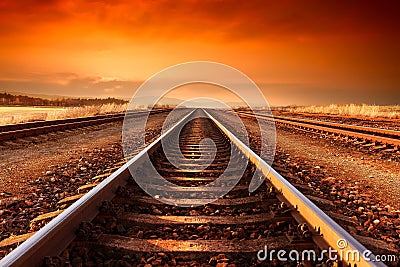 Train tracks goes to horizon in the majestic sunset. Stock Photo