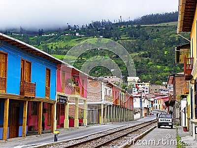 Train tracks going through the town Alausi, Chimborazo province, Ecuador Editorial Stock Photo