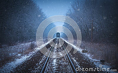 Train tracks in winter mist Stock Photo