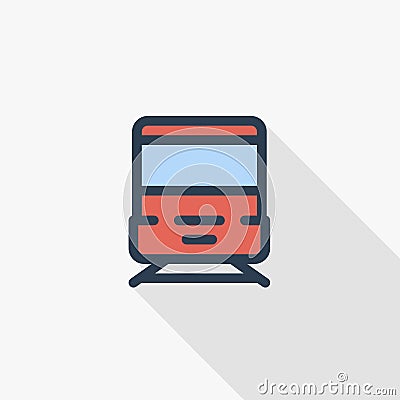 Train, tram, rails transport thin line flat color icon. Linear vector symbol. Colorful long shadow design. Vector Illustration