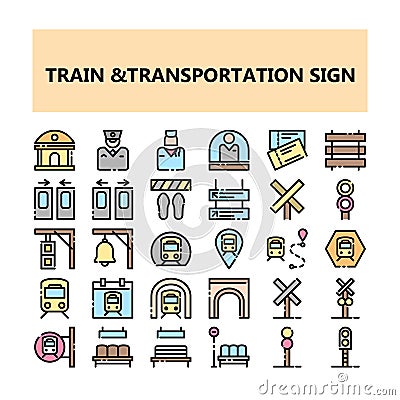 Train Transportation sign pixel perfect icons set in Filled Outline style Vector Illustration