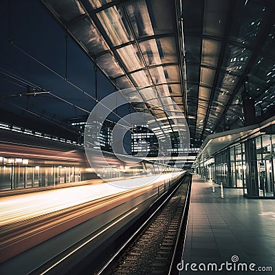 A train traveling down a train track next to a train station. AI generative image. Stock Photo