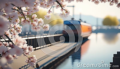 a train traveling down tracks next to a body of w Stock Photo