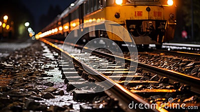 a train traveling down the tracks at night Stock Photo