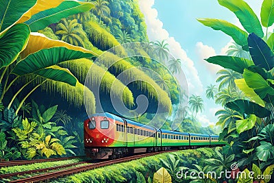 Train traveling through the lush green forest jungle. Fanstasy tropical background ai generated Stock Photo